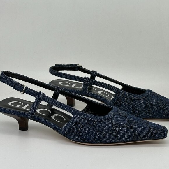 Gucci Crystal GG Monogram Demi Slingback Pumps Kitten Heels Sandals Shoes - Picture 8 of 16